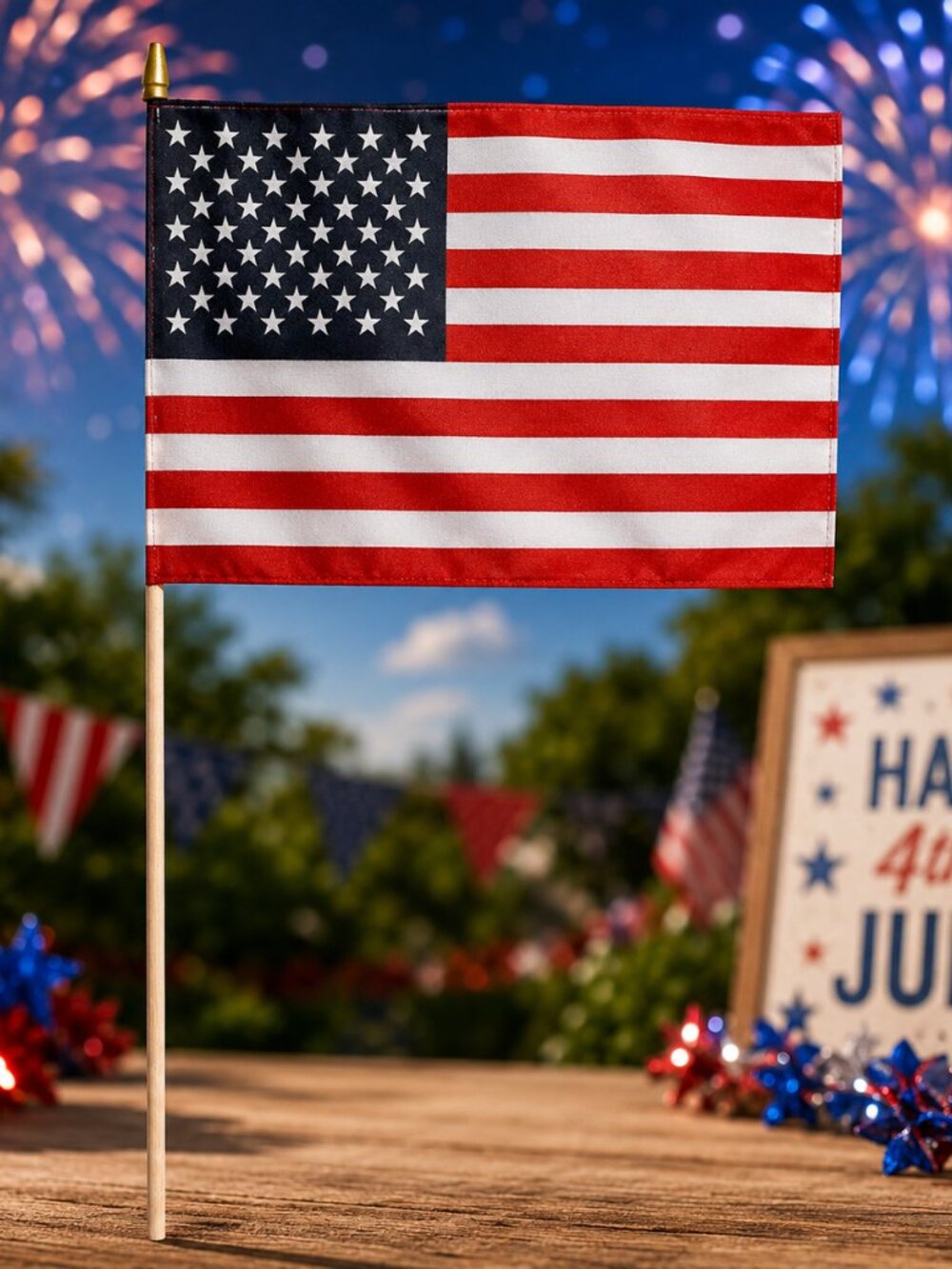 2Pcs USA Parade Flag American Hand Flag With Bamboo Flagpole